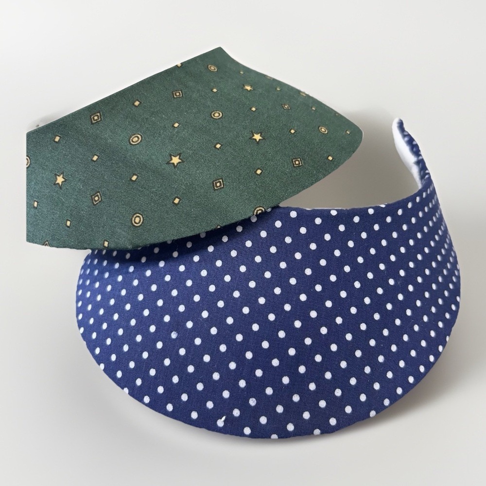 Lot 2 Clip On Sun Visors Blue Polka Dot Green Geometric Pattern Cotton Blend